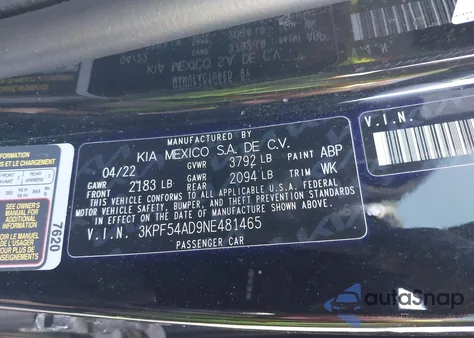 2022 Kia Forte Gt-Line из США, поврежденный, VIN 3KPF54AD9NE481465